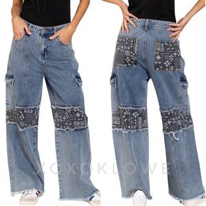POL Dark Denim Boho Print Retro Cargo Jeans